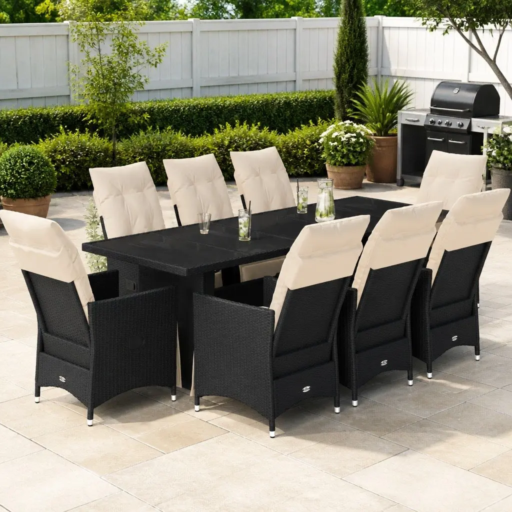 Outdoor Furniture Bistro Set Black Poly Rattan 9 Piece with Cushions and Tempered Glass Table