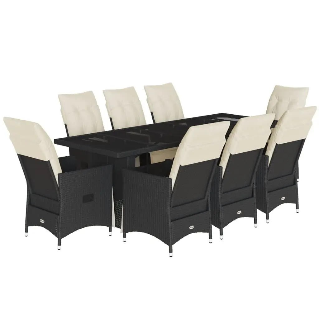 Outdoor Furniture Bistro Set Black Poly Rattan 9 Piece with Cushions and Tempered Glass Table