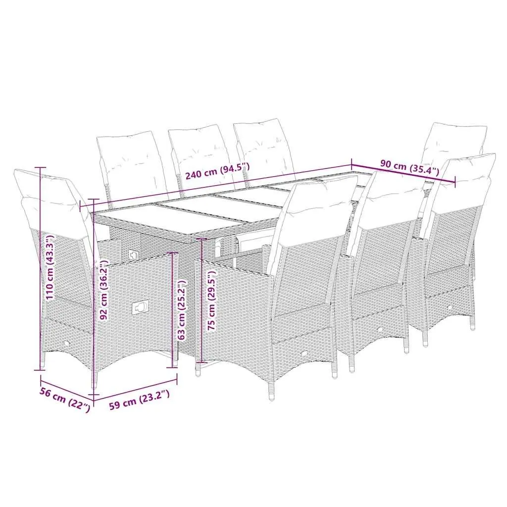 Outdoor Furniture Bistro Set Black Poly Rattan 9 Piece with Cushions and Tempered Glass Table