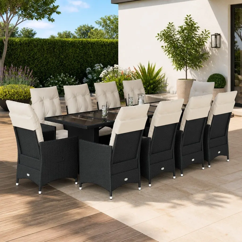 Bistro Set 11 Piece Outdoor Furniture Black Poly Rattan with Cushions