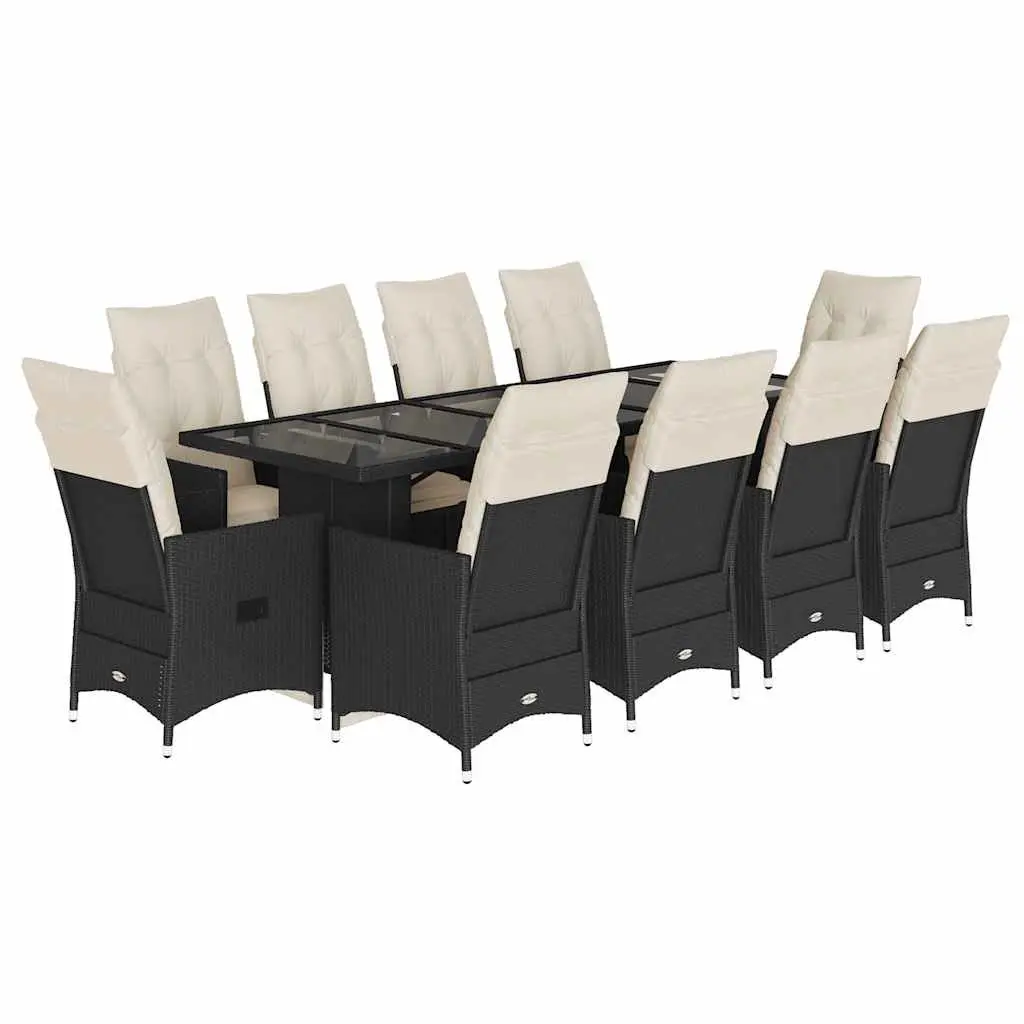 Bistro Set 11 Piece Outdoor Furniture Black Poly Rattan with Cushions