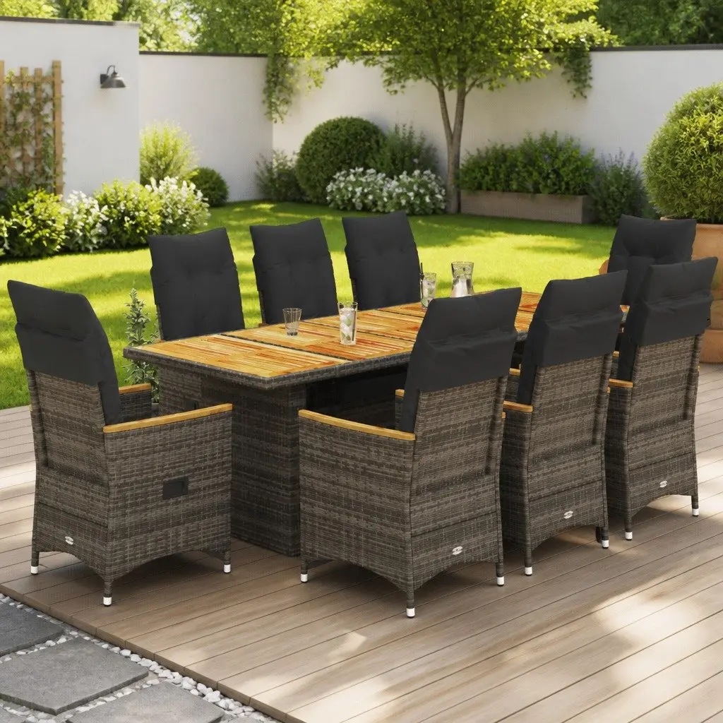 9PieceOutdoorBistroSetGreyPolyRattanwithCushionsDurableComfortablePatioFurniture