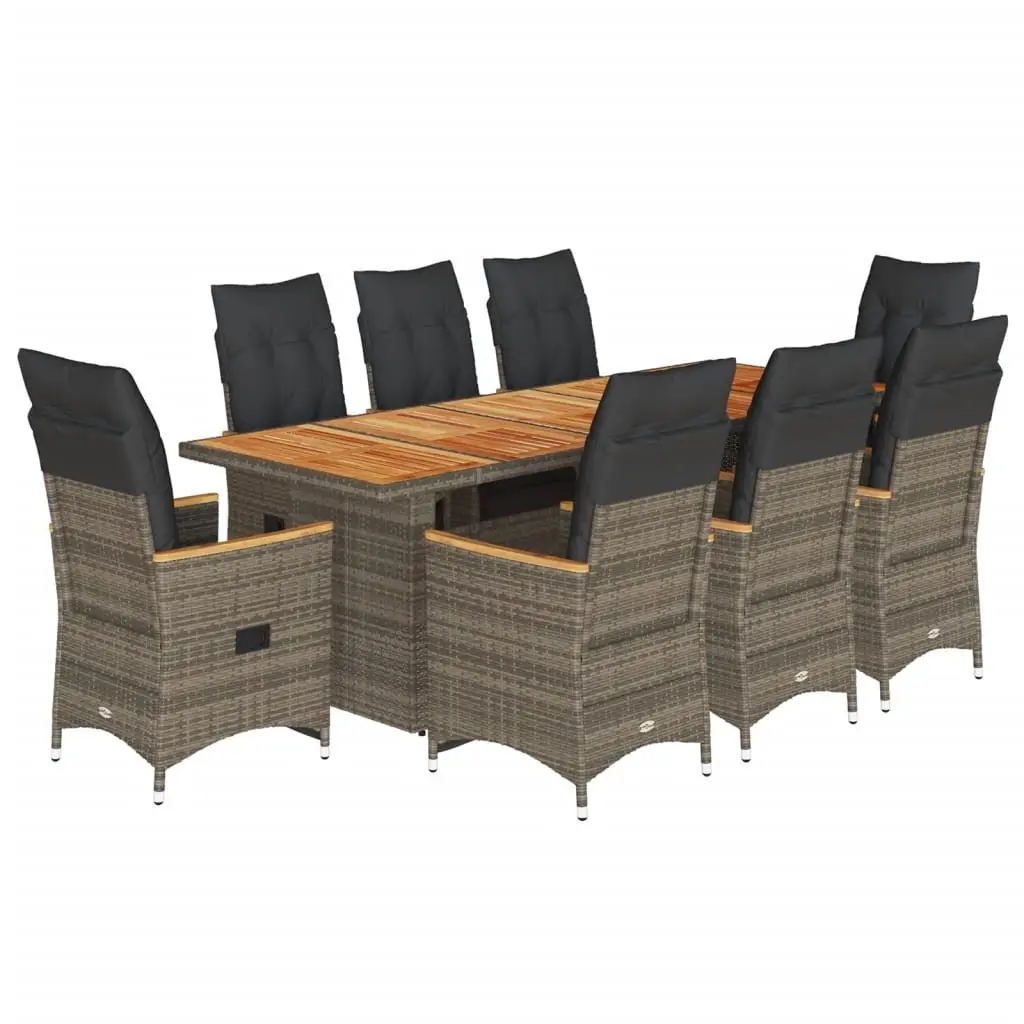 9PieceOutdoorBistroSetGreyPolyRattanwithCushionsDurableComfortablePatioFurniture