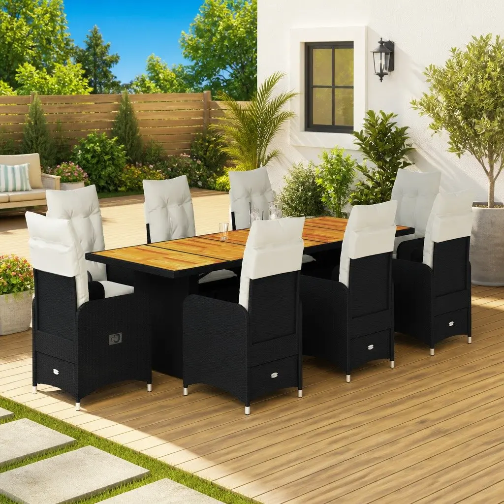 Garden Bistro Furniture Set 9 Piece Adjustable Backrest Cushioned Dining Chairs Table Black