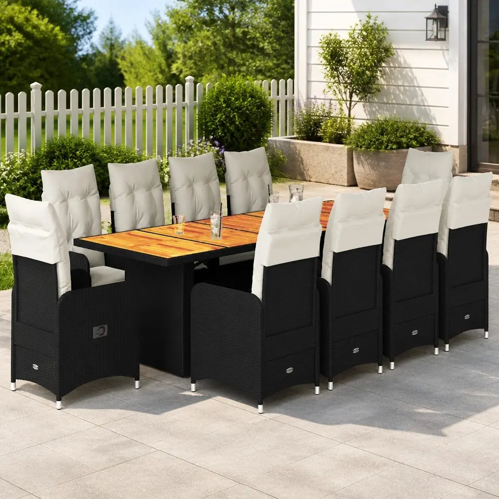 11 Piece Garden Bistro Set with Cushions Black PE Rattan and Acacia Wood Outdoor Furniture