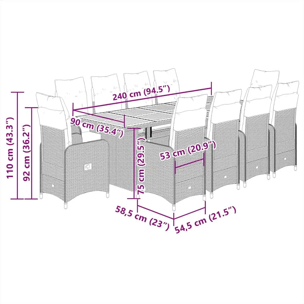 Garden Bistro Set Grey Poly Rattan 11 Piece Outdoor Furniture with Cushions