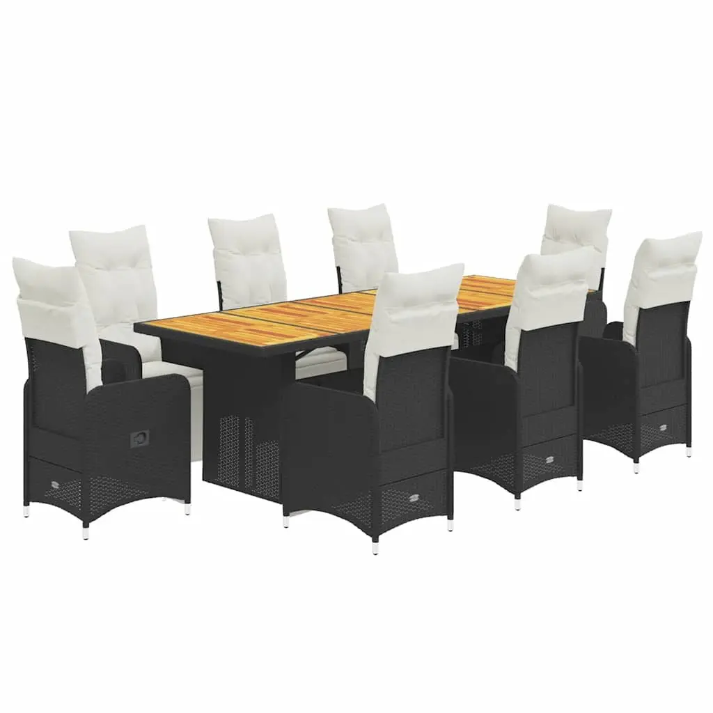 9 Piece Bistro Set Outdoor Furniture Black Poly Rattan with Cushions