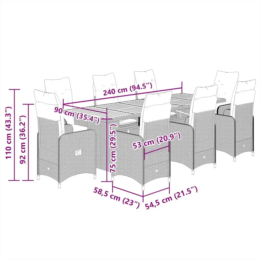 9 Piece Garden Bistro Set Outdoor Furniture Cushions Grey Poly Rattan Patio