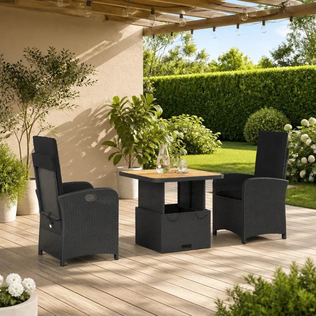 Garden Dining Set Adjustable Backrest 3 Piece Outdoor Furniture Black PE Rattan