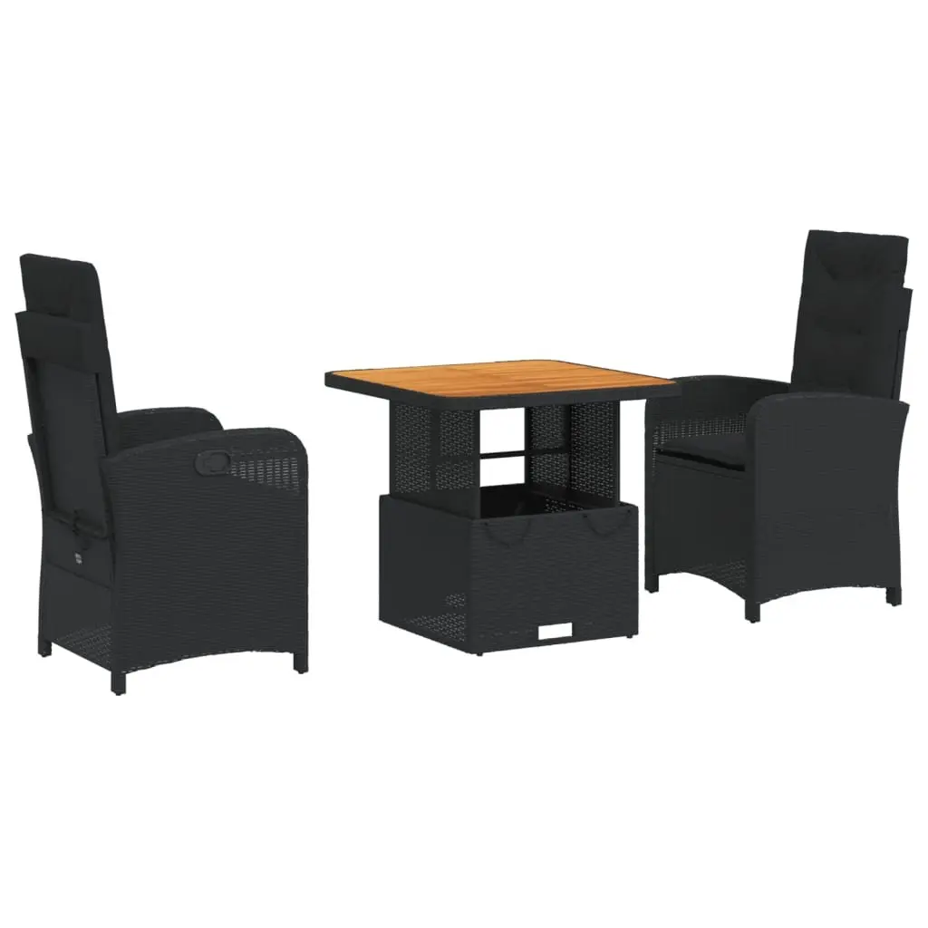Garden Dining Set Adjustable Backrest 3 Piece Outdoor Furniture Black PE Rattan