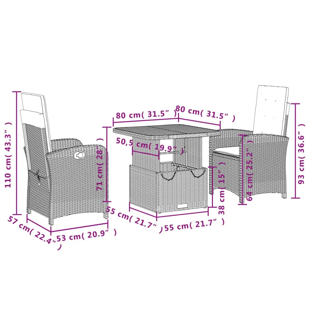 Garden Dining Set Adjustable Backrest 3 Piece Outdoor Furniture Black PE Rattan