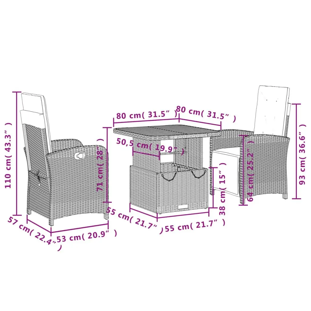 Garden Dining Set Adjustable Backrest 3 Piece Black Poly Rattan