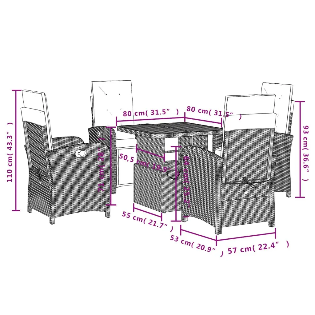 Garden Dining Set Adjustable Table 5 Piece Black Rattan