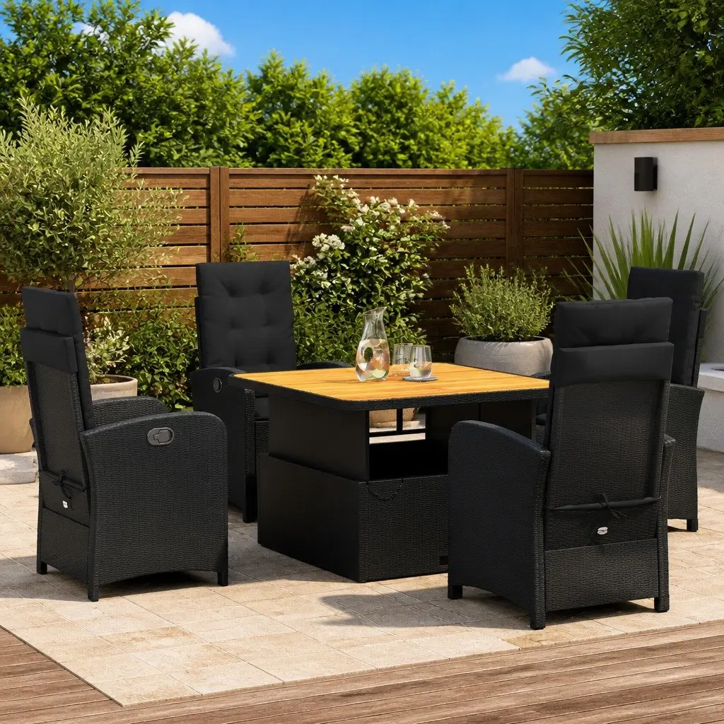 5 Piece Outdoor Garden Dining Set Black Poly Rattan Adjustable Backrest Cushions