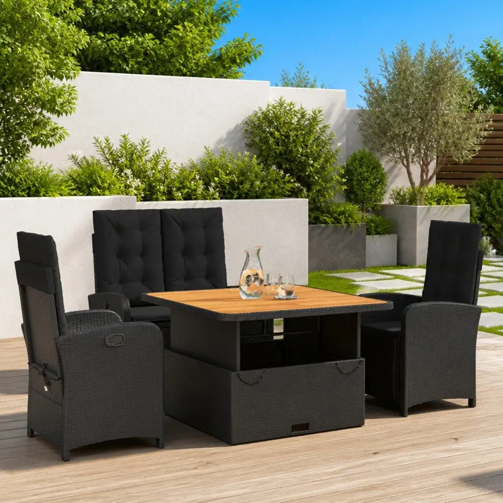 4 Piece Garden Dining Set Adjustable Backrest Black Poly Rattan