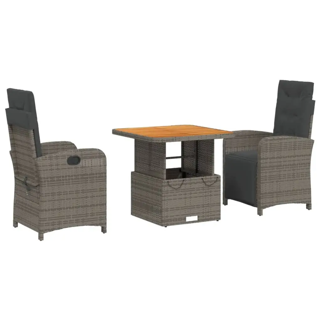 Garden Dining Set Adjustable Backrest 3 Piece Grey Poly Rattan