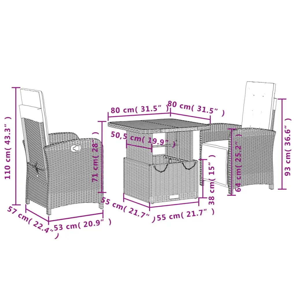 Garden Dining Set Adjustable Backrest 3 Piece Grey Poly Rattan