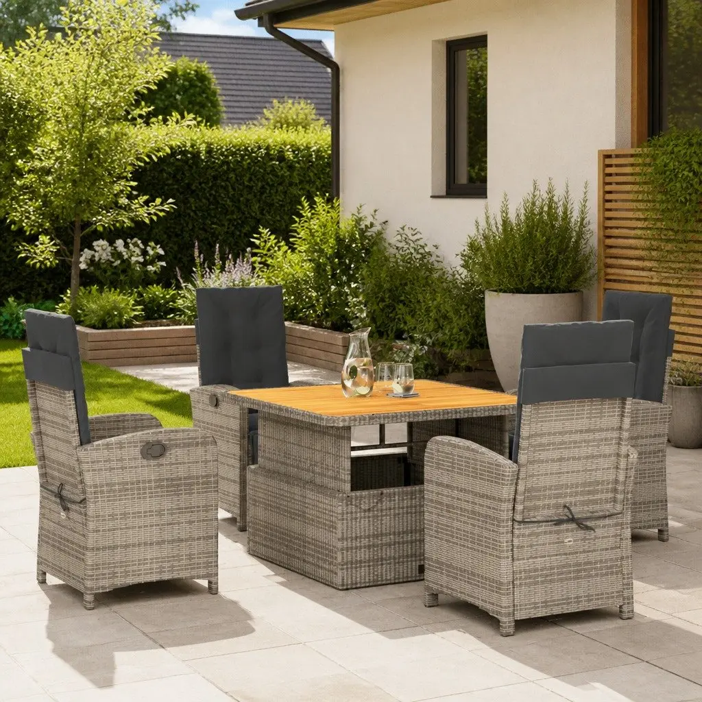 Grey Poly Rattan 5 Piece Garden Dining Set Outdoor Furniture Adjustable Backrest Lifting Tabletop