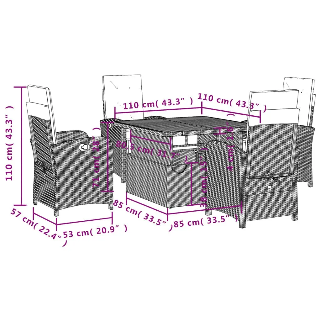 Grey Poly Rattan 5 Piece Garden Dining Set Outdoor Furniture Adjustable Backrest Lifting Tabletop
