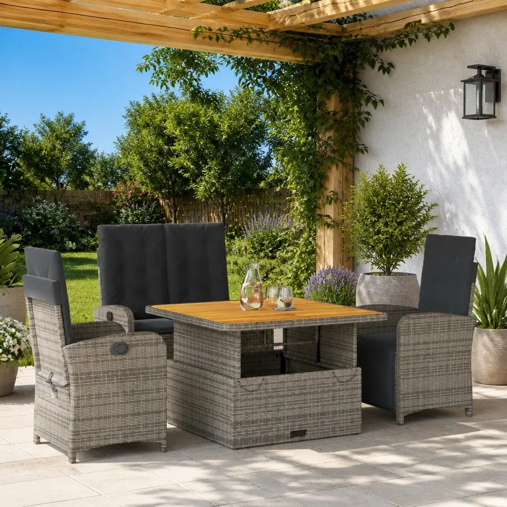 Garden Dining Set Adjustable Backrest 4 Piece Grey Poly Rattan