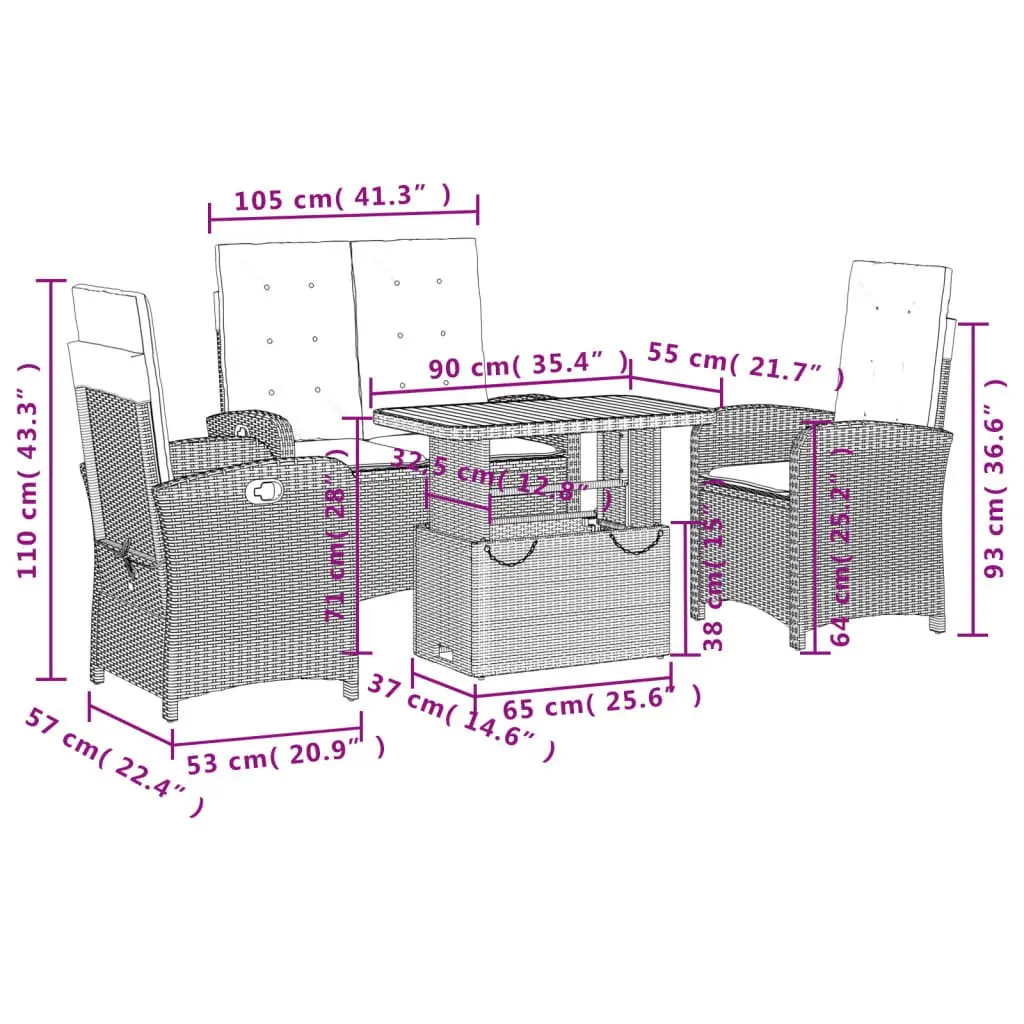 Garden Dining Set Adjustable Tabletop 4 Piece Grey Poly Rattan with Cushions