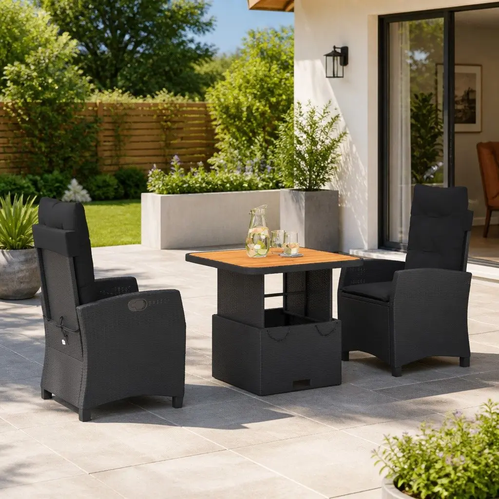 Outdoor Dining Set Adjustable Backrest 3 Piece Black Poly Rattan with Cushions