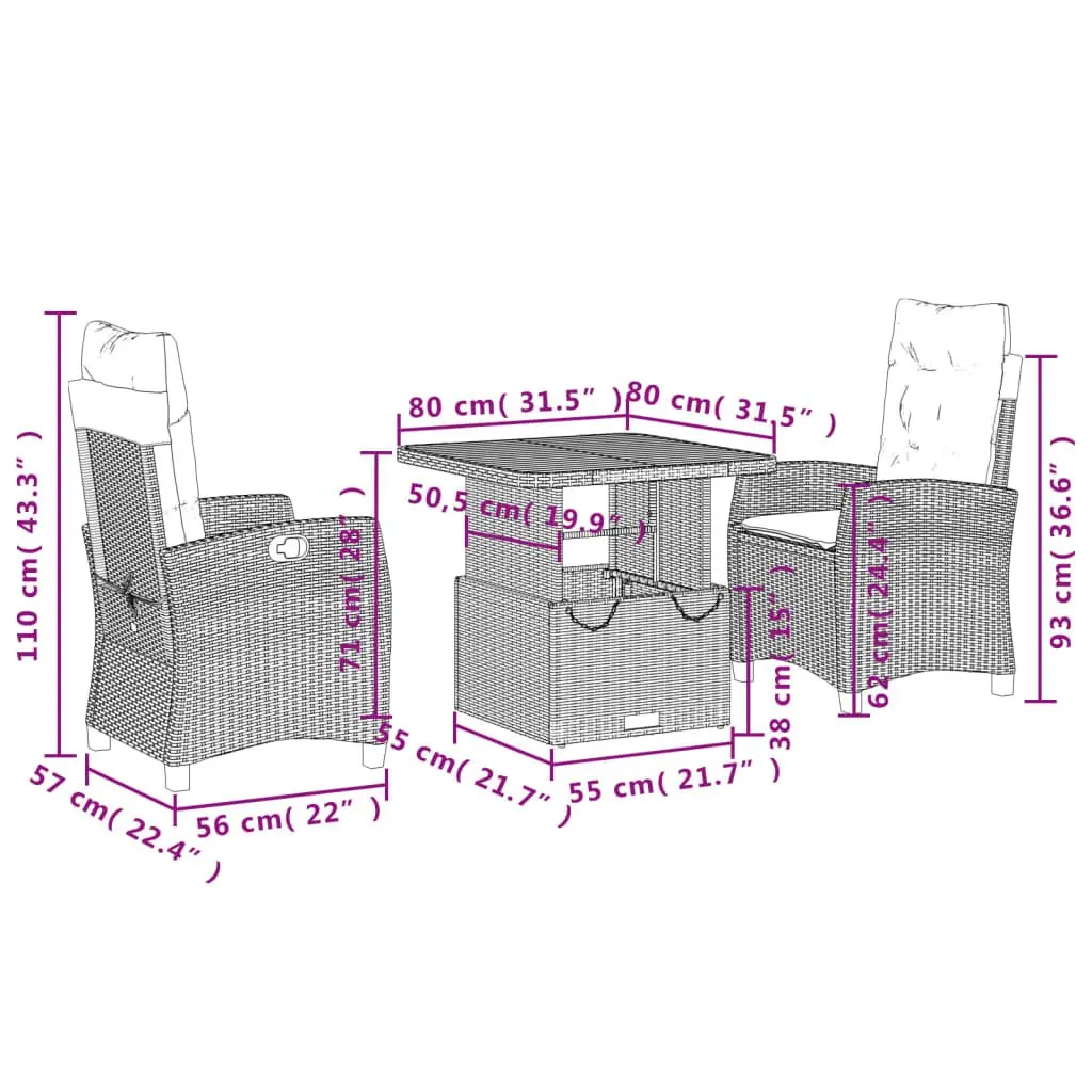 Outdoor Dining Set Adjustable Backrest 3 Piece Black Poly Rattan with Cushions