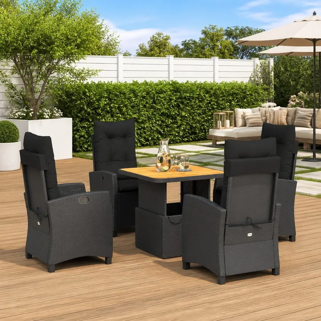 5 Piece Outdoor Garden Dining Set Adjustable Backrest Black Poly Rattan