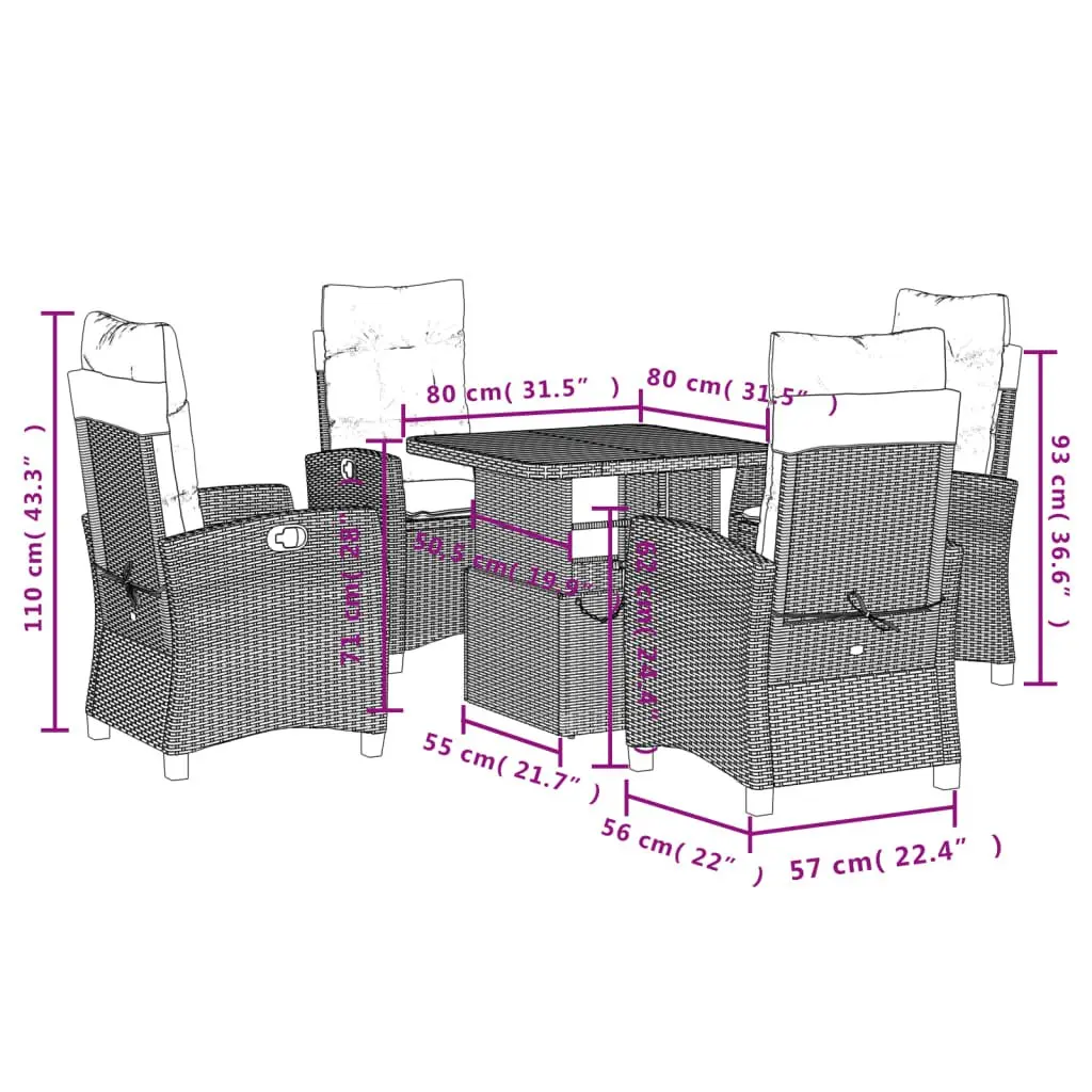 5 Piece Outdoor Garden Dining Set Adjustable Backrest Black Poly Rattan