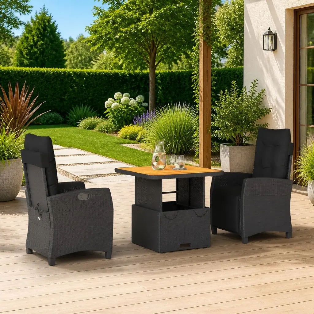 Garden Dining Set Adjustable Black Poly Rattan 3 Piece