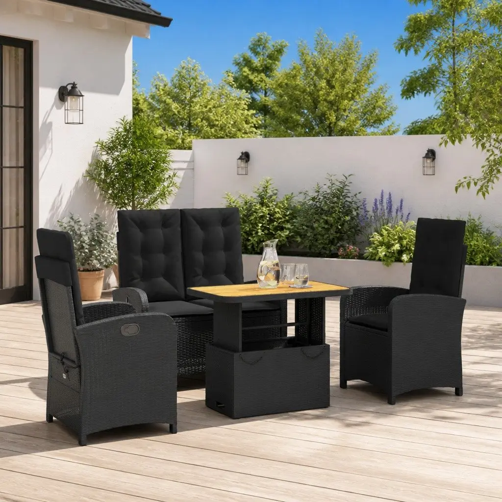 4 Piece Outdoor Dining Set Black PE Rattan Garden Furniture with Adjustable Backrest