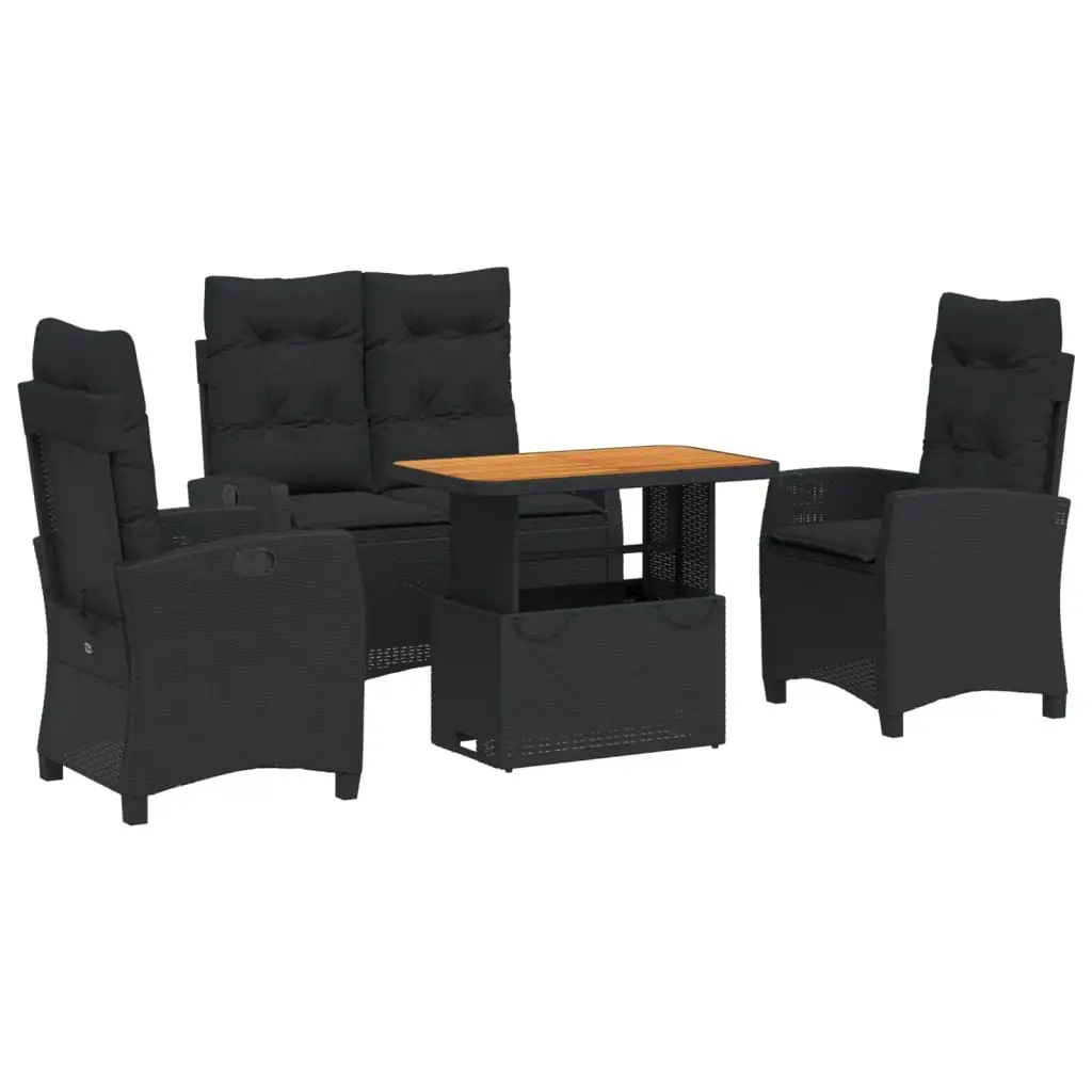 4 Piece Outdoor Dining Set Black PE Rattan Garden Furniture with Adjustable Backrest
