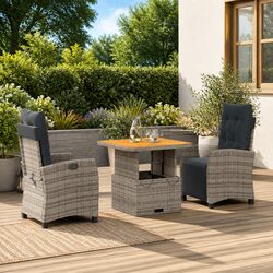 Garden Dining Set 3 Piece Outdoor Furniture Grey Poly Rattan Adjustable Backrest
