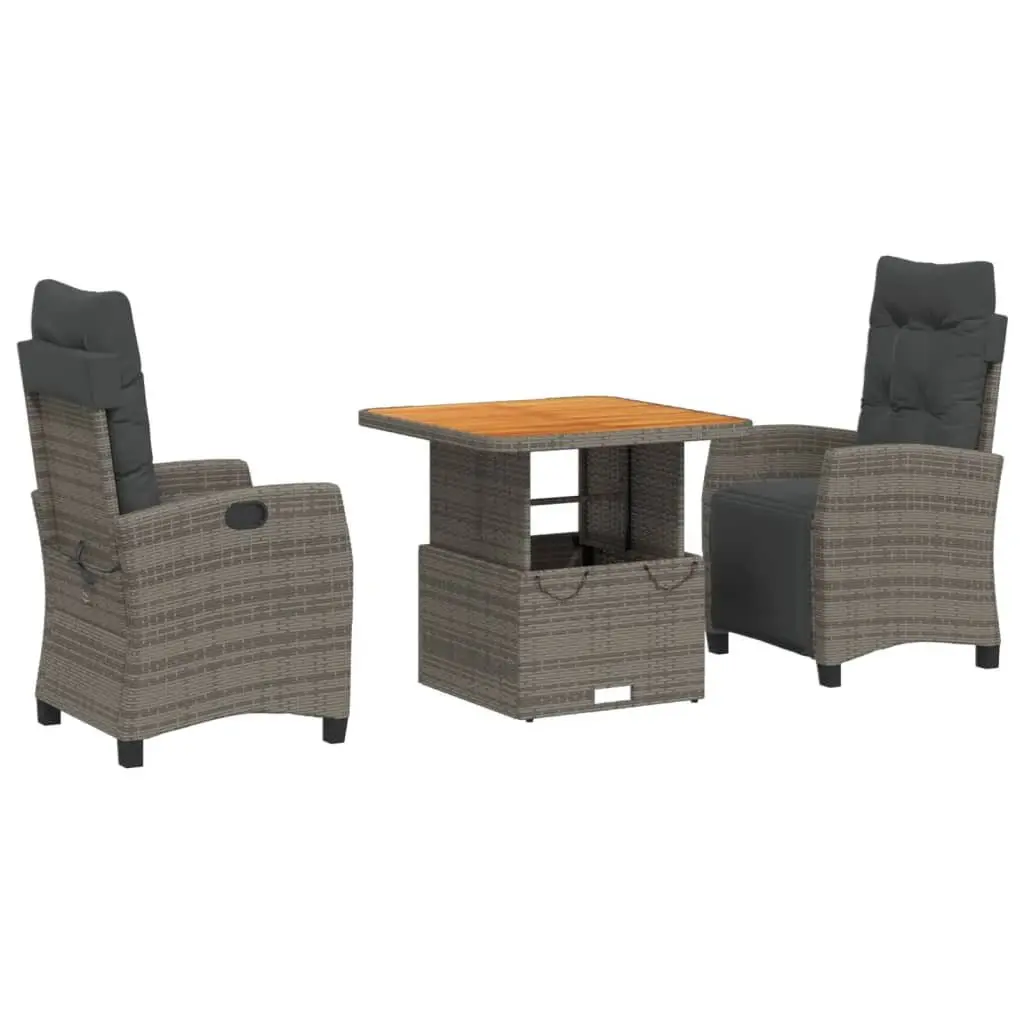 Garden Dining Set Adjustable Backrest 3 Piece Grey Poly Rattan