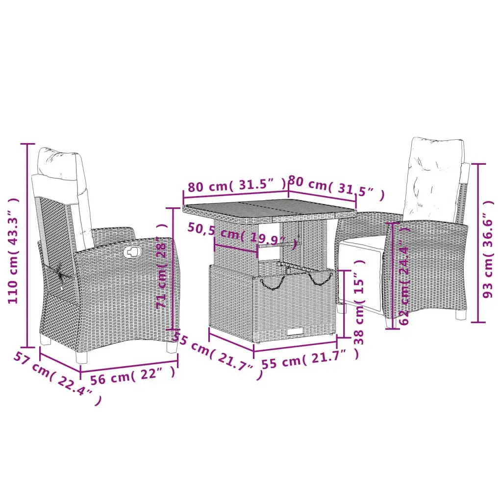 Garden Dining Set Adjustable Backrest 3 Piece Grey Poly Rattan