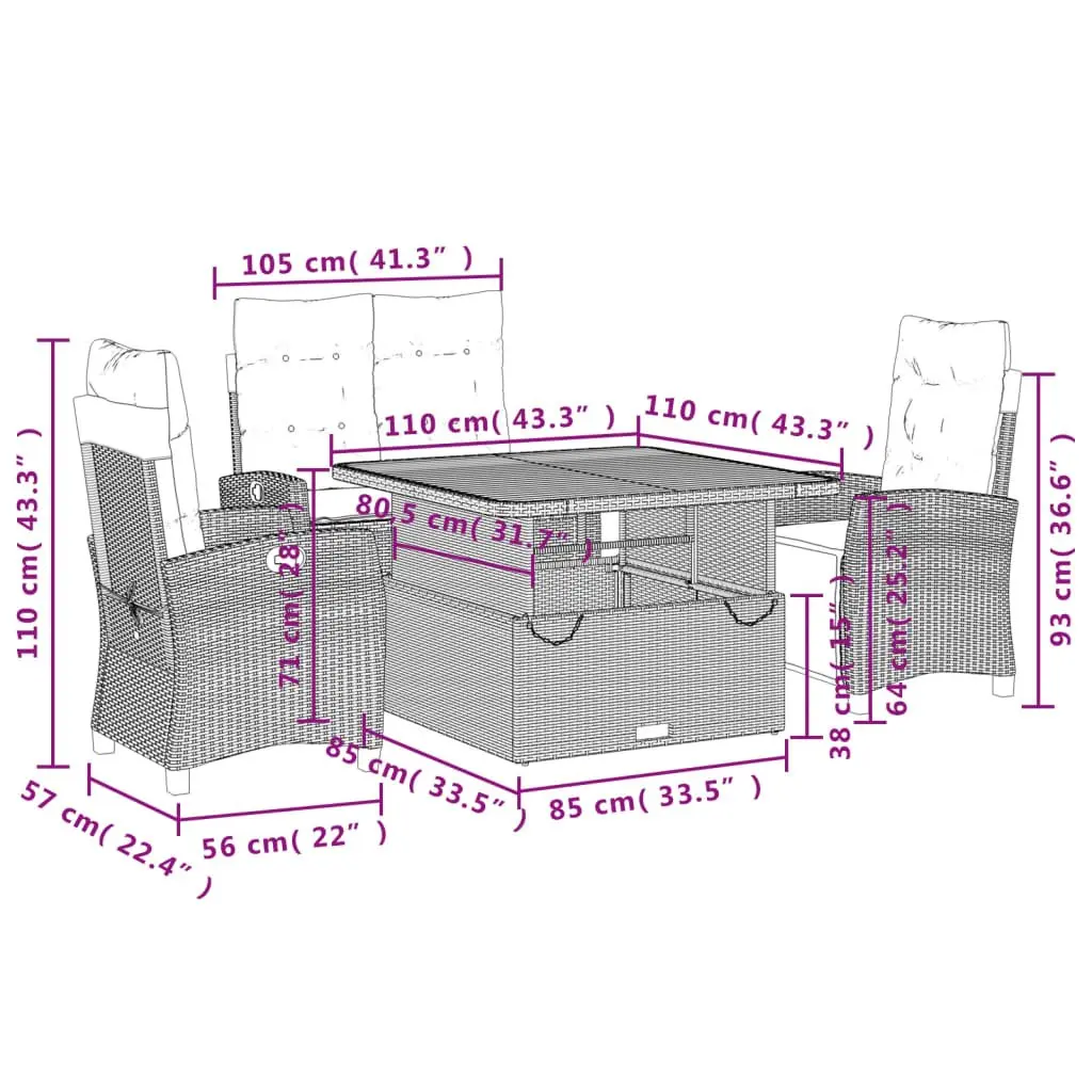 4 Piece Garden Dining Set Adjustable Backrest Lifting Tabletop Grey PE Rattan Outdoor Furniture