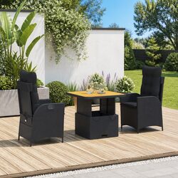 Garden Dining Set 3 Piece Outdoor Furniture Black Poly Rattan Adjustable Table