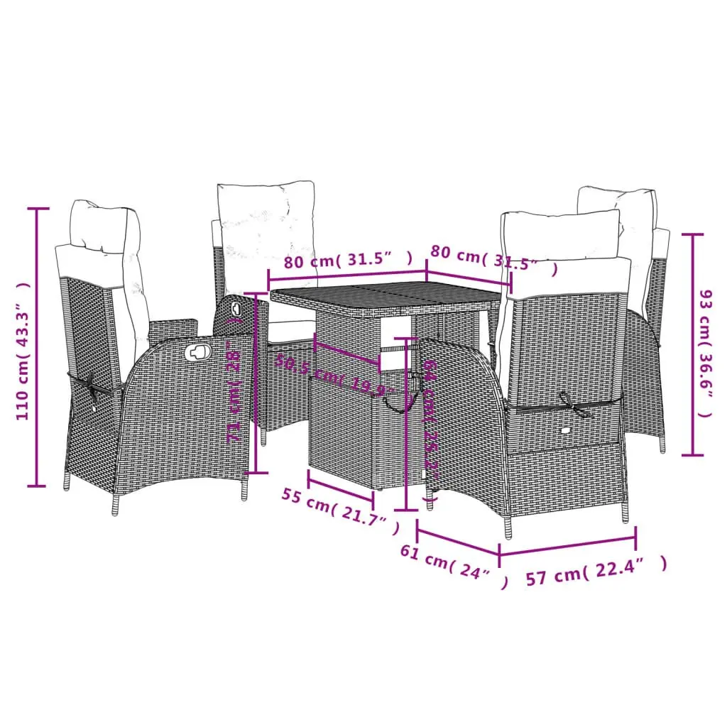 Outdoor Dining Set Adjustable Black Poly Rattan 5 Piece with Cushions