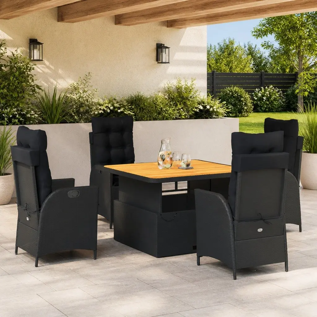 Garden Dining Set Black Poly Rattan 5 Piece with Cushions