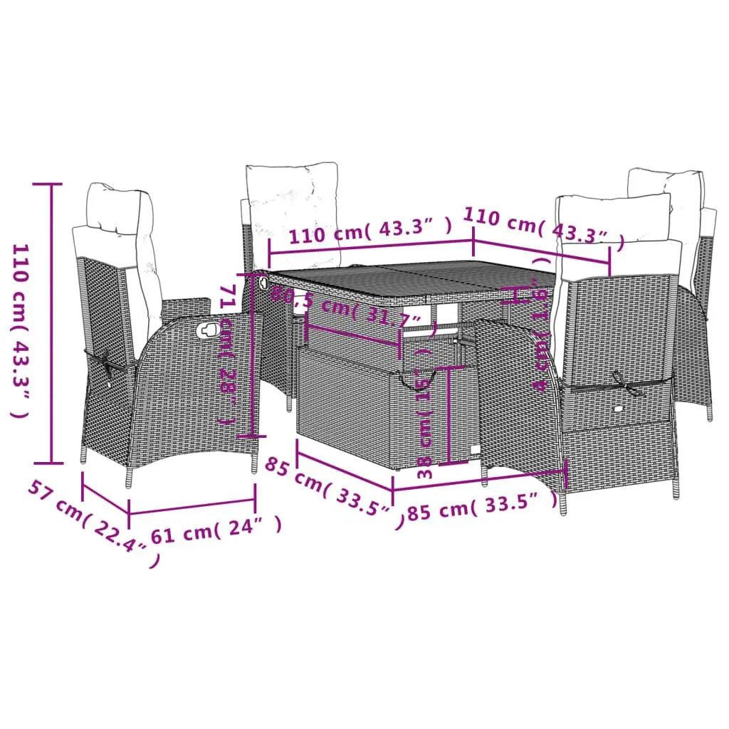 Garden Dining Set Black Poly Rattan 5 Piece with Cushions
