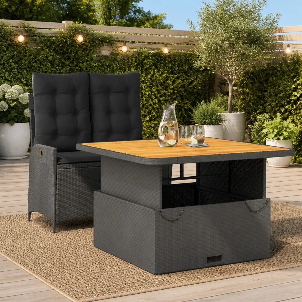 Outdoor Garden Dining Set Adjustable Black Poly Rattan Chairs Table with Cushions 2 Piece