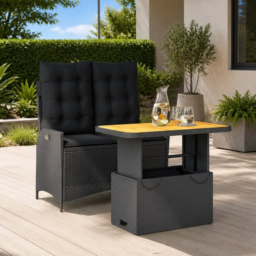 Garden Dining Set Adjustable Backrest Black PE Rattan 2 Piece