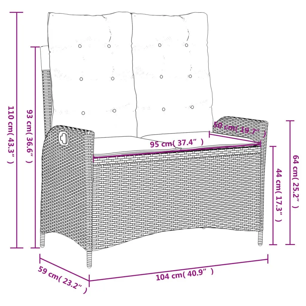 Garden Dining Set Adjustable Backrest Black PE Rattan 2 Piece