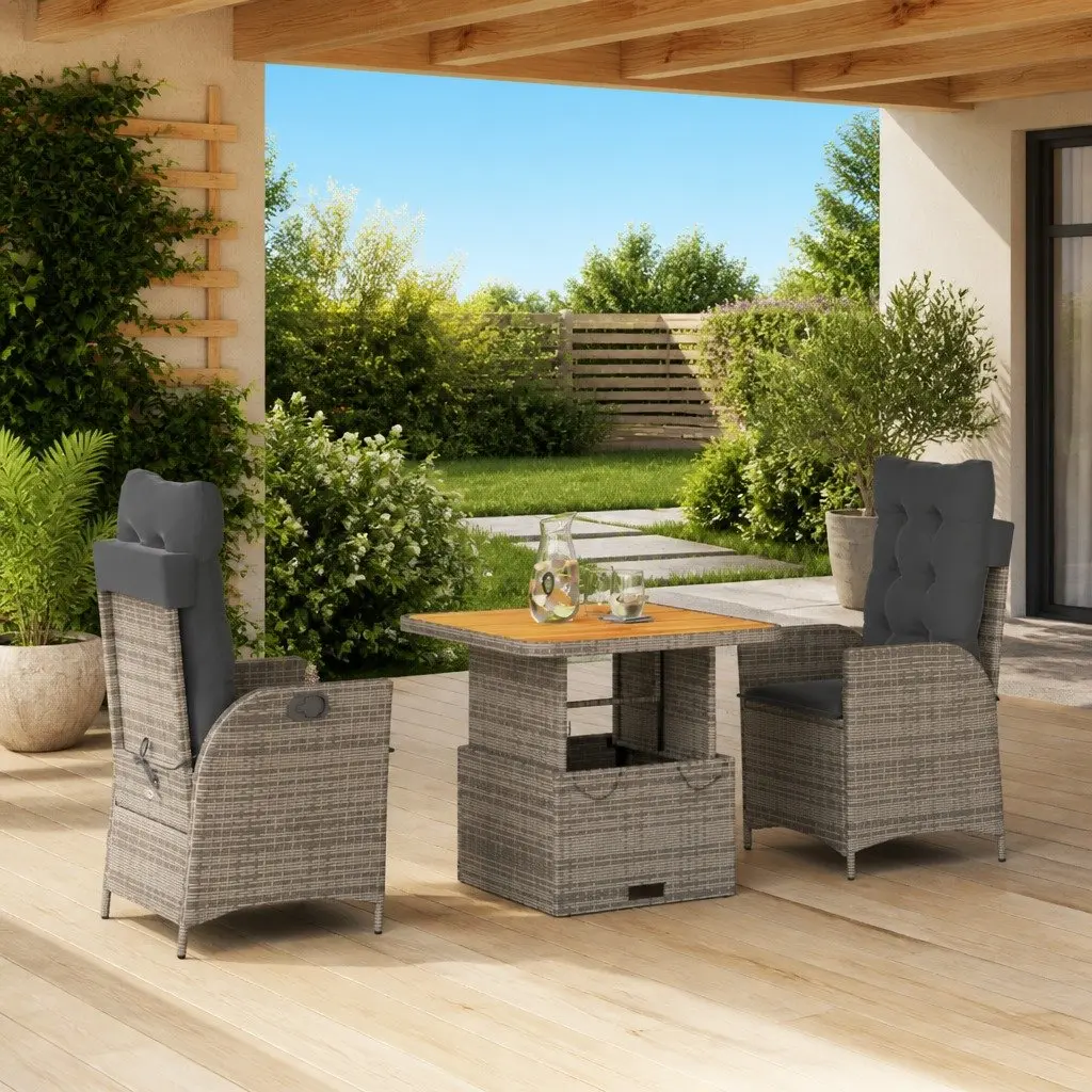 Outdoor Furniture Set 3 Piece Grey Poly Rattan Cushions Adjustable Dining Table