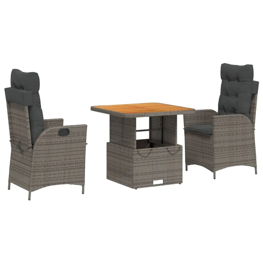 Outdoor Furniture Set 3 Piece Grey Poly Rattan Cushions Adjustable Dining Table