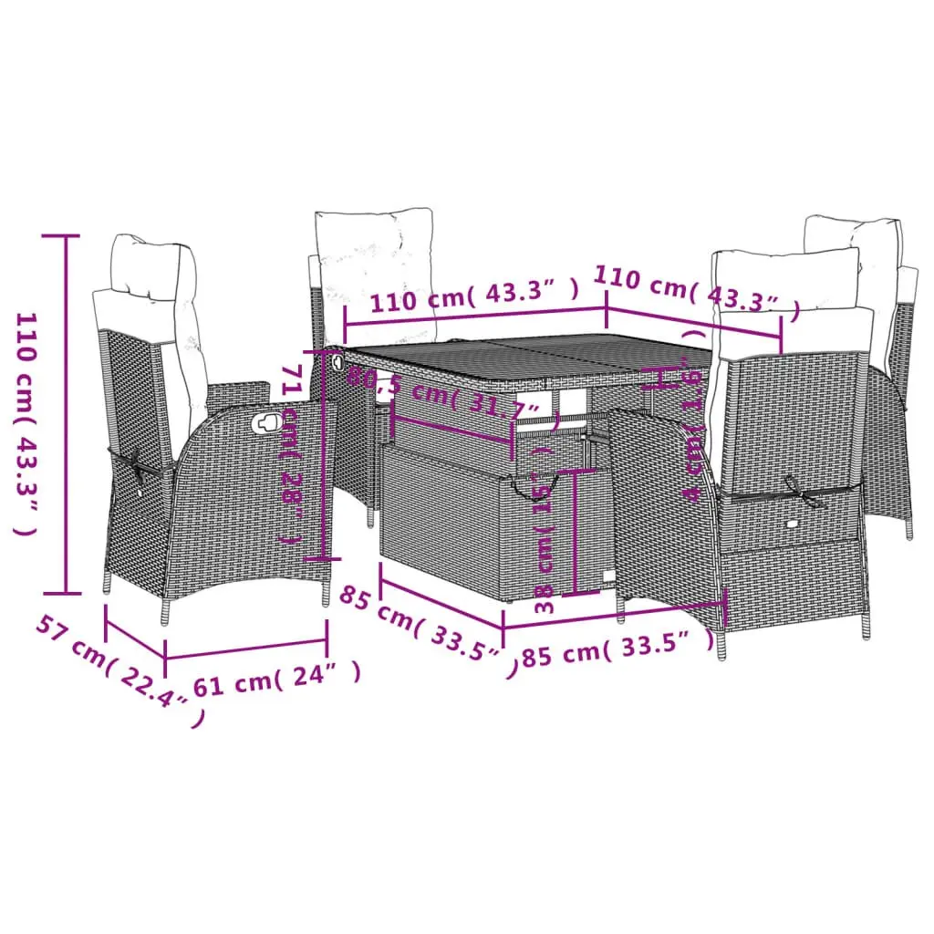 5 Piece Outdoor Dining Set Grey Poly Rattan Garden Furniture with Cushions