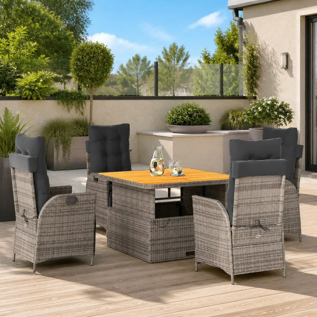 Garden Dining Set 5 Piece Outdoor Furniture Adjustable Backrest PE Rattan Grey Cushions