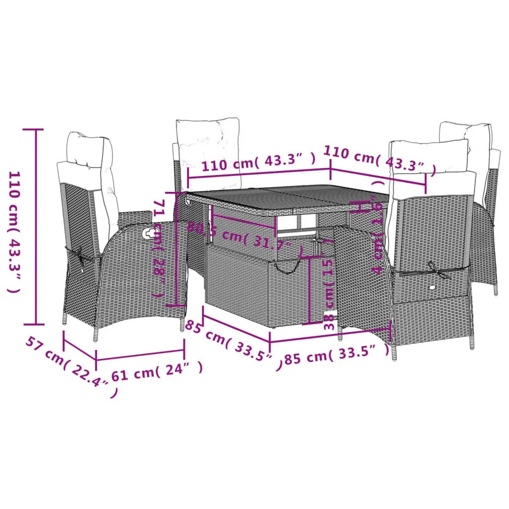 Garden Dining Set 5 Piece Outdoor Furniture Adjustable Backrest PE Rattan Grey Cushions