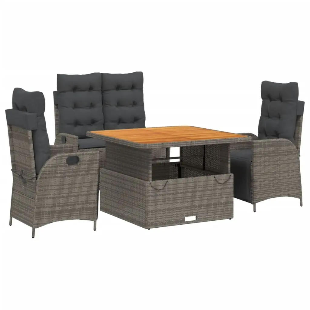 Garden Dining Set Grey Poly Rattan 4 Piece Adjustable Seating Lift-Top Table