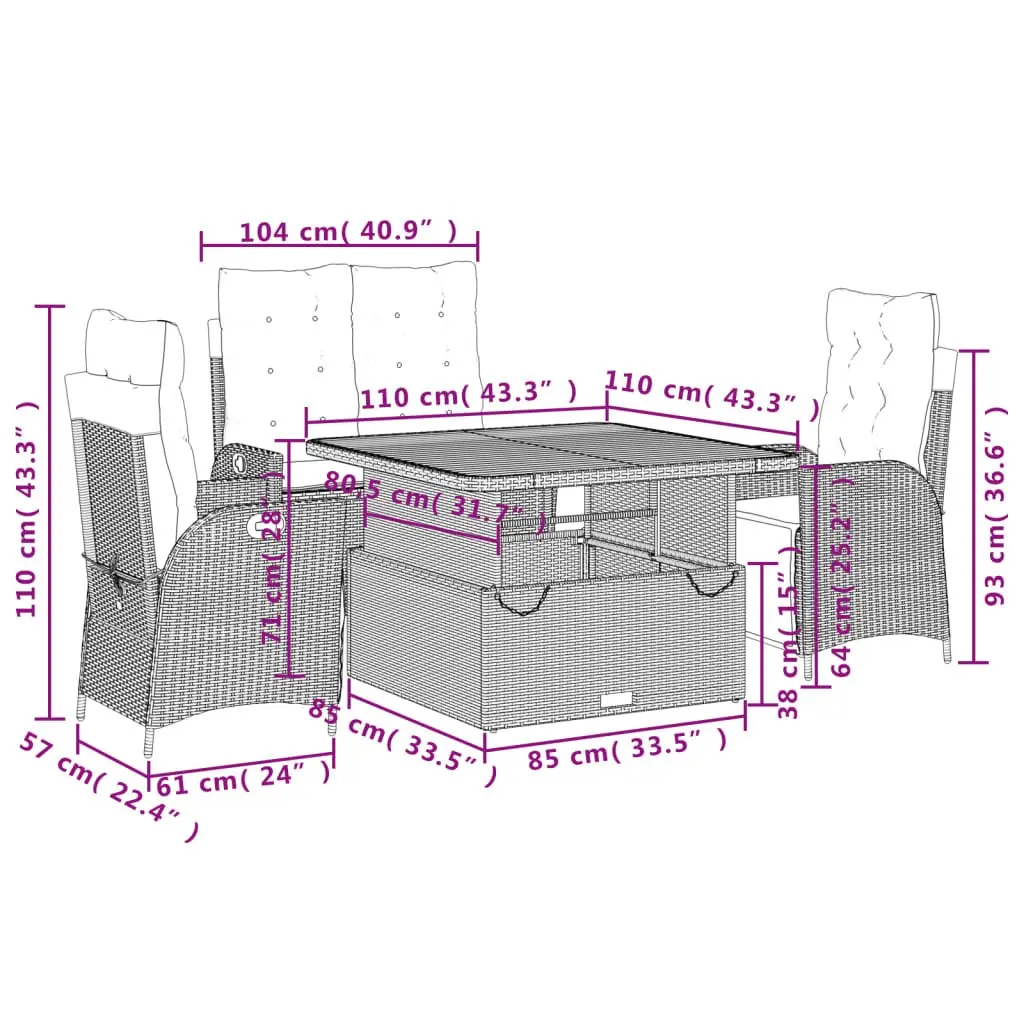 Garden Dining Set Grey Poly Rattan 4 Piece Adjustable Seating Lift-Top Table